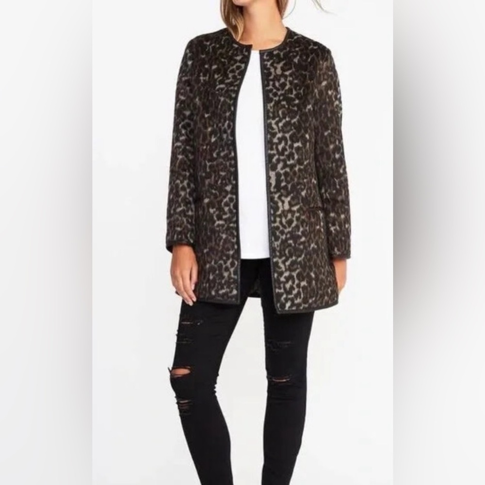 Old Navy Leopard Print Open Front Jacket Faux Leather Trim Chic Small Glam Rock